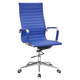 Classic Eames Ribbed High-back Chair, modern blue office chair with ergonomic design, ribbed upholstery, chrome accents, adjustable height, and swivel base with caster wheels. Classic Eames Ribbed High-back Chair, modern blue office chair with ergonomic design, ribbed upholstery, chrome accents, adjustable height, and swivel base with caster wheels.