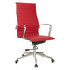 Classic Eames Ribbed High-back Chair, Modern Red Office Chair with Ribbed Leather Upholstery and Polished Chrome Frame with Armrests, Swivel Base with Wheels.