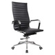 Classic Eames Ribbed High-back Chair, Black Leather Ergonomic Office Chair with Chrome Armrests and a Silver Base with Caster Wheels.