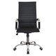 Generic High-back Office Chair, modern black ergonomic office chair with padded armrests and adjustable height, featuring a sleek design with a chrome base and caster wheels.