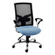 Winston Mesh Office Chair with Light Blue Seat, Black Mesh Back, and Silver Metal Frame, Featuring Adjustable Armrests and Five-Star Base with Black Casters, Presented on a White Background.