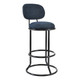 Three Ring Barstool with Backrest, Barstool Featuring a Cushioned Seat and Backrest with a Black Metal Frame and Circular Footrest.
