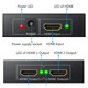 To 2 HDMI Splitter AD2010, front and back views showing power LED, power supply socket, HDMI input, and dual HDMI output ports with indicator LEDs.