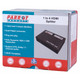 Product 1 to 4 HDMI Splitter, Packaging box displaying the Parrot Products 1 to 4 HDMI Splitter with features including 1 input and 4 outputs, gold plated connector, plug and play, supports 1920x1200 resolution, DTS and Dolby 7.1 audio, and HDCP compliance.