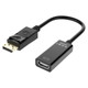 Male Display Port to HDMI Female Adapter, product image showing a black adapter cable with DisplayPort connector on one end and HDMI port on the other end.