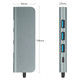 7 in 1 USB-C Hub, Compact Aluminium Grey Port Extender with HDMI, USB 3.0, DisplayPort, SD, and TF Card Slots, Showing Dimensions of 36 mm by 108 mm by 12 mm.