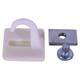Easy Groove Frame Hook AL0420, image showing a white plastic hook with a curved top and a slot, and a metal mounting bracket with a threaded bolt for secure installation.