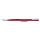 Craft Knife Metal Red CK1010R, side view of a red and silver craft knife with a slim handle and a sharp, pointed blade.