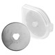 Craft Knife Rotary Blades 28mm Straight CK1111, circular metal cutting blade with a central hole, positioned in front of a transparent protective case.
