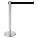 Box of 2 - Retractable Chrome Queue Barrier with Black Belt 910x320mm, image showing a chrome retractable queue barrier with black belt and sturdy round base.