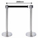 Box of 2 - Retractable Chrome Queue Barrier with Black Belt 910x320mm, image of two chrome retractable queue barriers with black belts, silver bases, and a 2000mm length black belt between them.