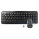 Wireless Keyboard + Mouse Combo IC0003, black wireless keyboard with numeric keypad, multimedia control keys, and ergonomic design, accompanied by a wireless mouse with optical sensor and a USB receiver.