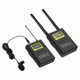 Wireless Lapel Microphone (Dual Channel) IS1002, black wireless microphone system with two transmitters, two antennas, an external microphone, and digital displays