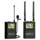 Wireless Lapel Microphone (Dual Channel) IS1002, black wireless microphones with LCD screens, antennas, and a lavalier microphone for professional audio recording.