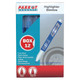 Product Slimline Marker Highlighters (Box of 12 - Blue), packaging box featuring a visual of a blue highlighter marker with specifications, and text highlighting its low odour, quick drying, fibre nib, sleek design, and fluorescent ink.