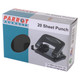 Product Steel Hole Punch, 20 Sheets - Black, PU2082B, package showing a black metal hole punch designed for punching up to 20 sheets of paper.