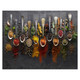 Spices Hob Splashback, 898 X 700 X 6mm, SB9070CS, with various colorful spices and herbs arranged on metal spoons and scattered on a dark surface.