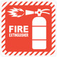 Product Red Fire Extinguisher Symbolic Sign on White ACP, fire extinguisher icon with a flame and labeled 'FIRE EXTINGUISHER' in white on a red background.