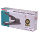 Heavy Duty Stapler 100*(23/6 23/13) Black 100 Pages, product packaging featuring a black heavy-duty stapler with specifications and warranty information.