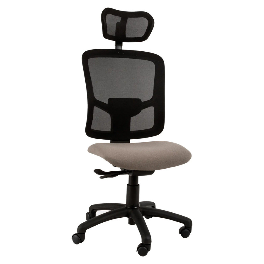 Pinta High-back Office Chair SAC-HCH-PIN, ergonomic office chair with black mesh backrest, adjustable headrest, cushioned beige seat, and five-star wheeled base. Pinta High-back Office Chair SAC-HCH-PIN, ergonomic office chair with black mesh backrest, adjustable headrest, cushioned beige seat, and five-star wheeled base.