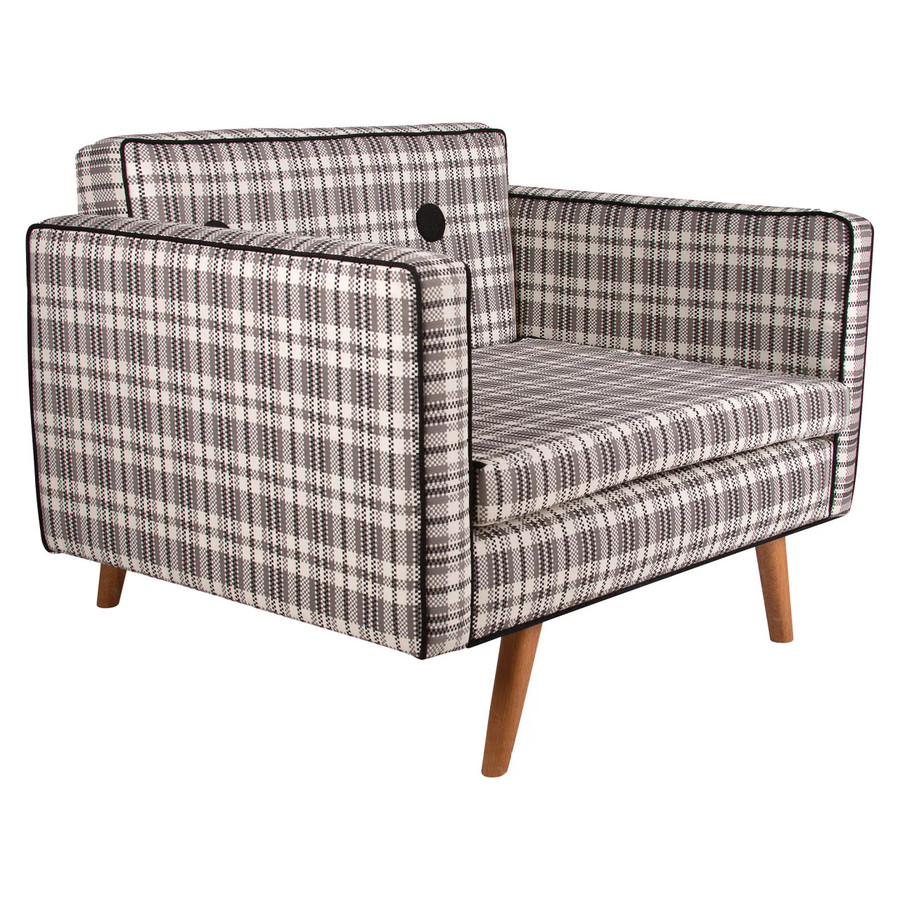Sofia Sofa Chair, a retro-style armchair with checkered fabric upholstery in black, white, and beige, featuring wooden tapered legs and a boxy design suitable for modern or vintage decor.