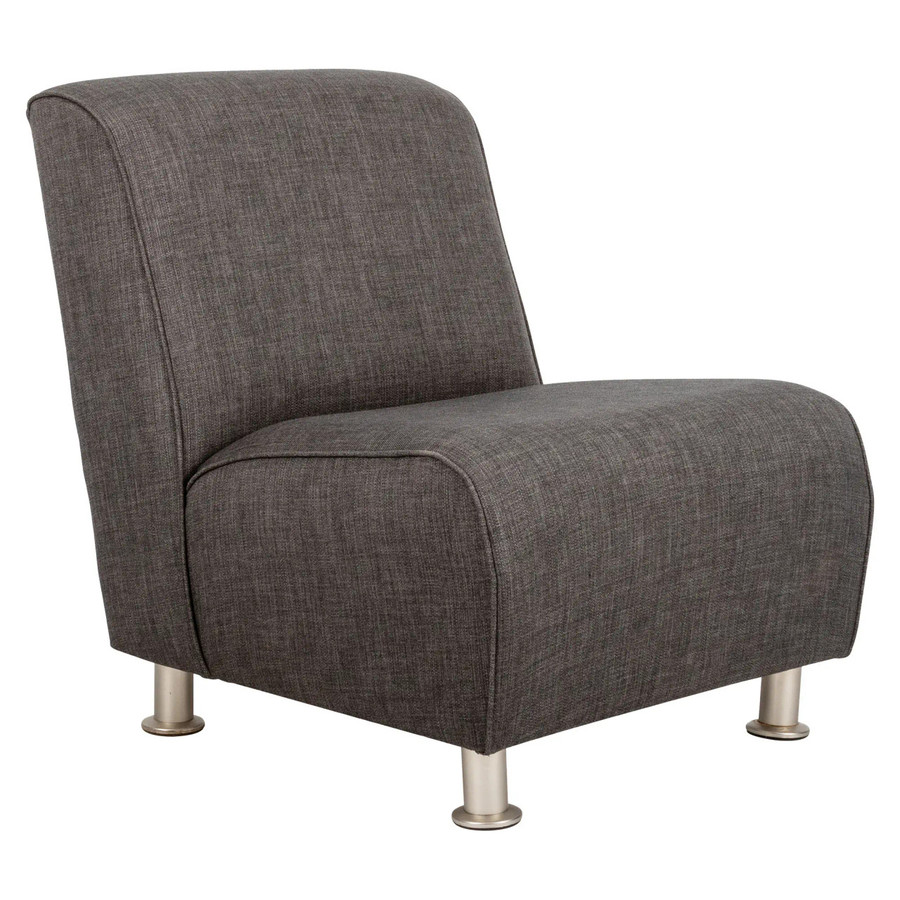 Havana Single Slipper Sofa Chair, modern compact armchair with dark gray fabric upholstery and metal legs.