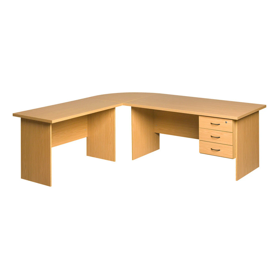 Pulse Office Desk with 90 Degree Link and L-Extension with Three Drawer Attached Pedestal