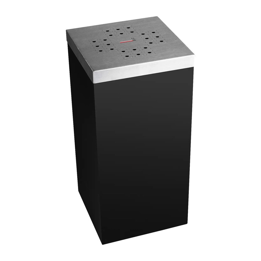 Large Ashtray Bin With a Stainless Lid, durable black waste receptacle with a stainless steel lid featuring multiple holes for cigarette disposal.