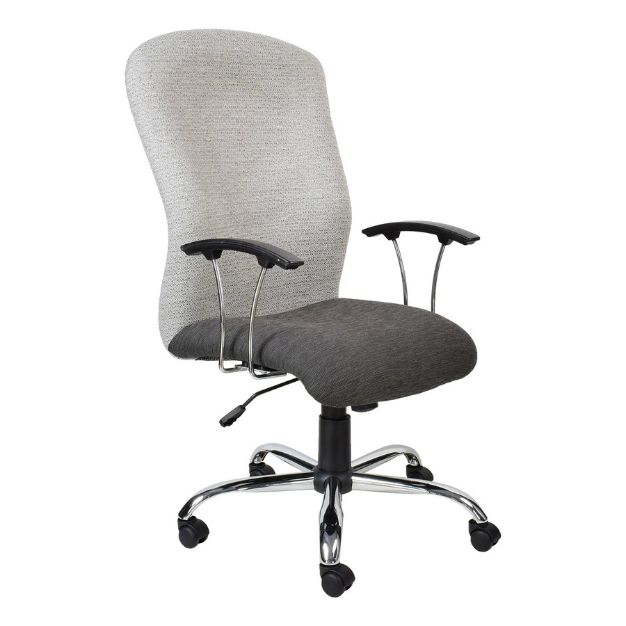 Tuscan High Back Chair, ergonomic office chair with high backrest, black and gray fabric upholstery, adjustable armrests, and a chrome base with caster wheels.