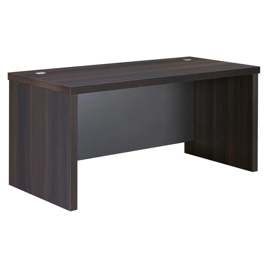 1600 mm Straight Desk Shell with Optional L-Extension, dark wood finish and built-in cable management grommets.