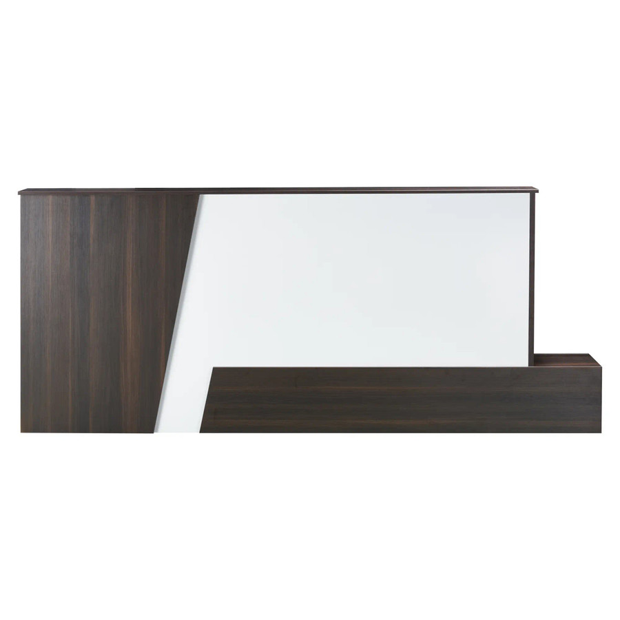 Reception Desk With White Front Panel FOF-REC-M328-20, modern reception desk with a white front panel and dark wood finish on sides and base.