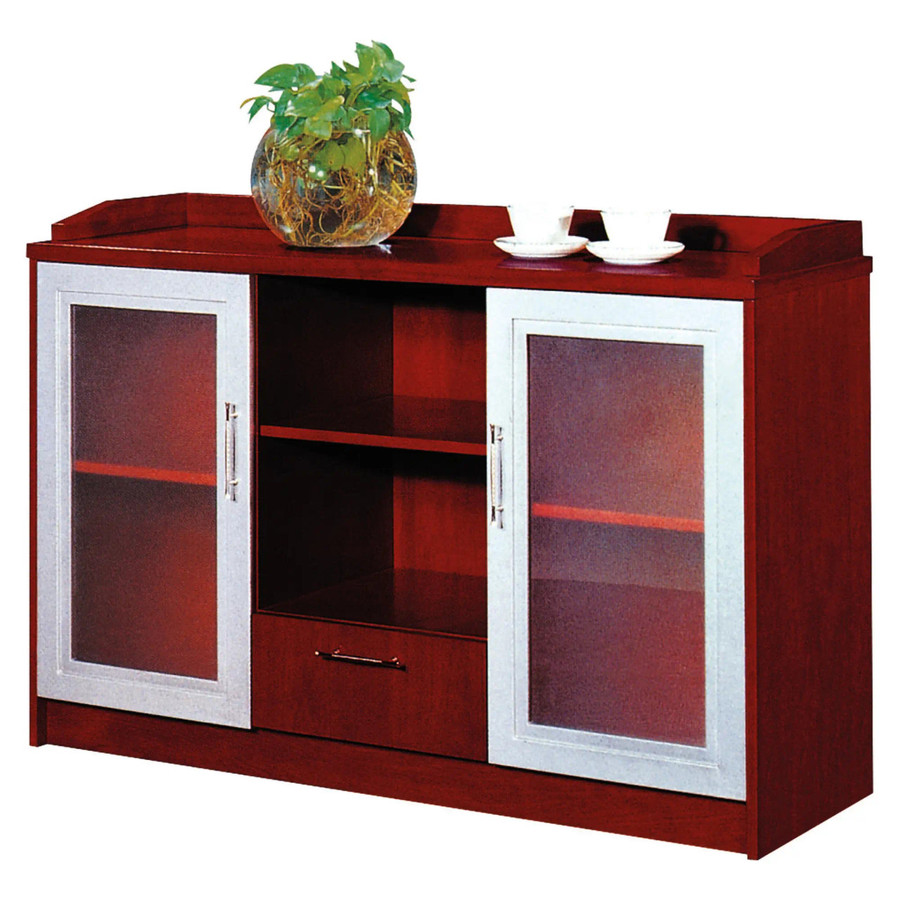 Classic Server Unit FoF-SVU-S005, wooden server cabinet with glass doors and open middle shelf, used for office or home server storage.