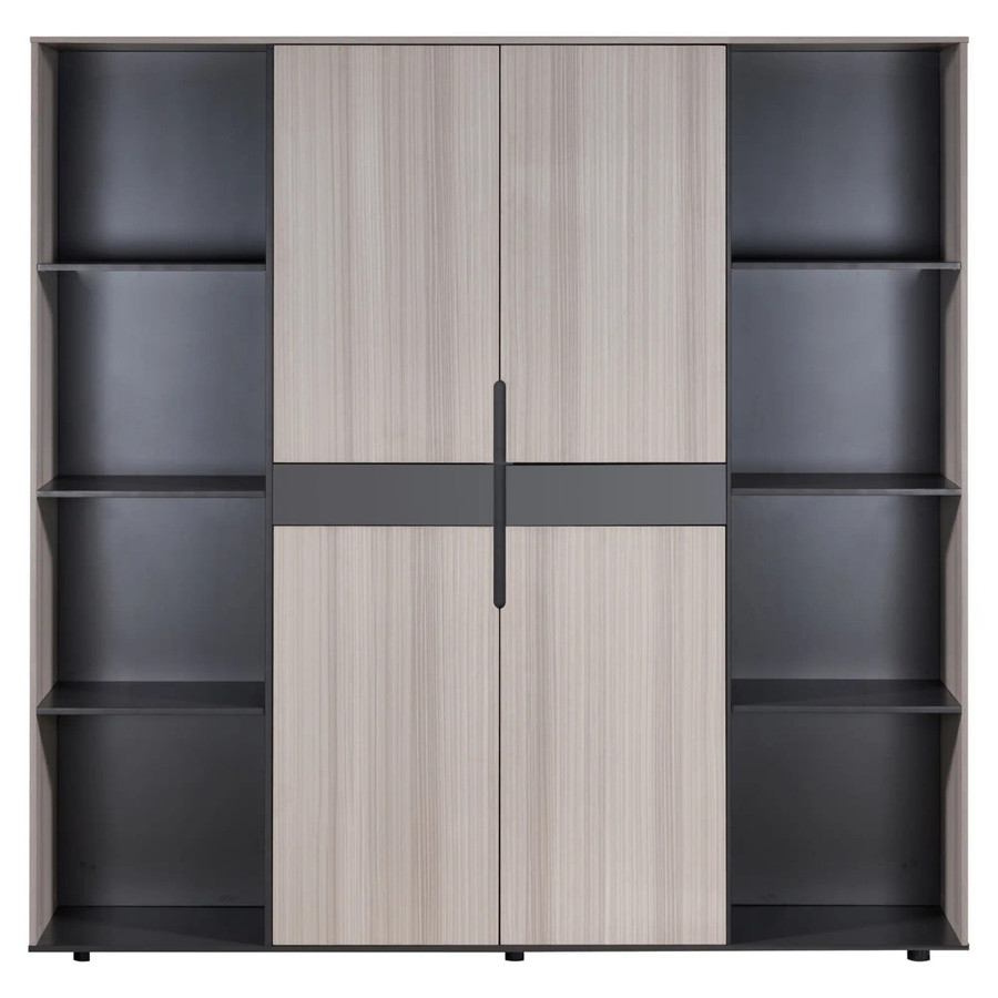 2000 mm Light Oak Executive Wall Unit, a Modern Wall-Mounted Storage Unit with Light Oak Finish and Black Accents, Featuring Open Shelves and Enclosed Cabinets for Versatile Storage.