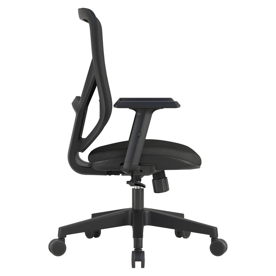 Black Pluto Mesh Medium-Back Office Chair by 67, featuring a sleek mesh design for a breathable chair experience, with a curved backrest and adjustable features on a five-star base with wheels.