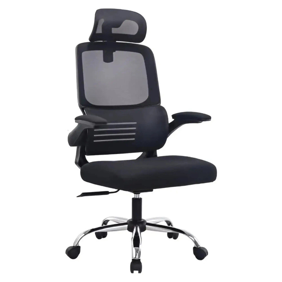 Mercury High-back Office Chair ISC-HCH-MER, ergonomic black office chair with adjustable headrest, mesh backrest, cushioned seat, and five caster wheels for mobility.