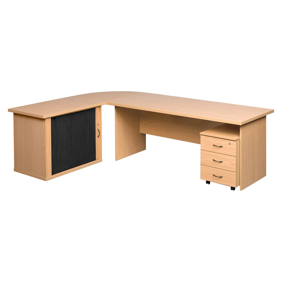 Pulse Office Desk with Roller Door Credenza and Three Drawer Mobile Pedestal