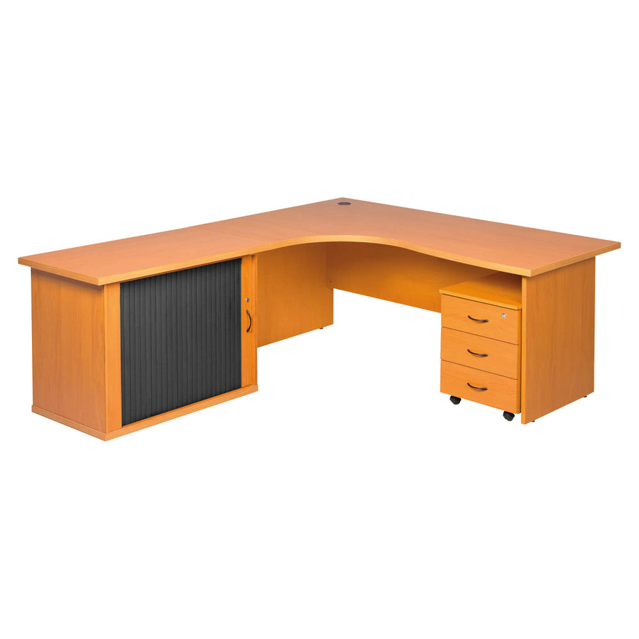 Pulse Office Workstation Desk with Three Drawer Mobile Pedestal and Roller Door Credenza