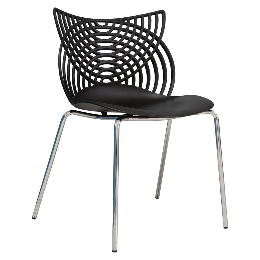 Ivy Restaurant Chair, black plastic chair with a unique geometric backrest design and sleek metal legs.