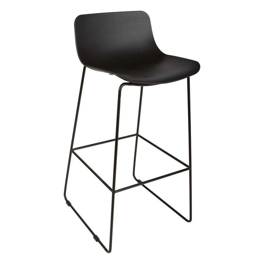 Vega Bar Stool, modern black bar stool with a curved seat and a sleek metal frame for bar or counter seating.
