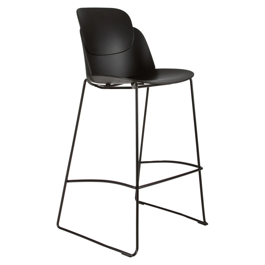 Aspen Bar Stool, modern black bar stool with a sleek curved seat and a backrest, featuring a minimalist metal frame with a footrest and four thin legs for a stylish and contemporary look.