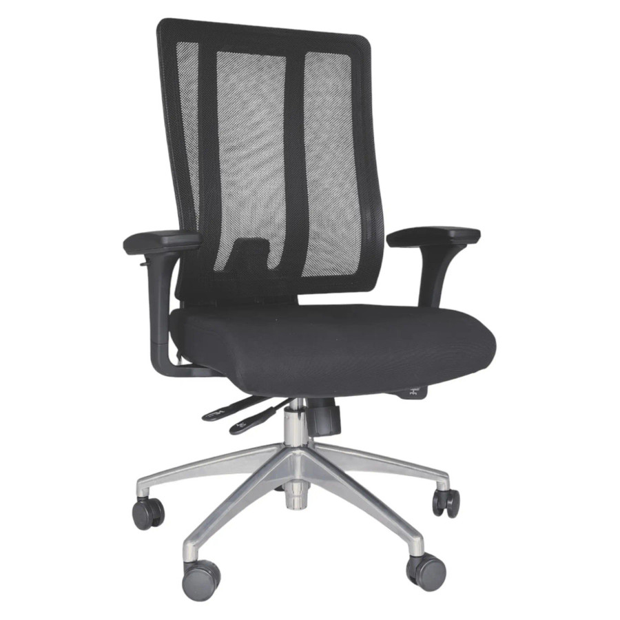 Jankz Human Ergo Medium-back Office Chair, Black Mesh Ergonomic Office Chair with Adjustable Armrests and a Cushioned Seat on a Silver Five-Star Wheeled Base.