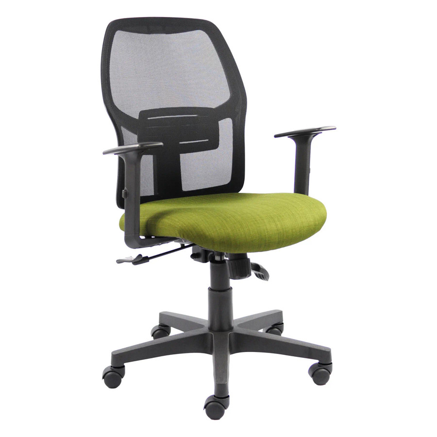 Airo Medium-back Office Chair, Ergonomic Office Chair with a Green Cushioned Seat, Black Mesh Backrest, Adjustable Armrests, and a Swivel Base with Wheels.