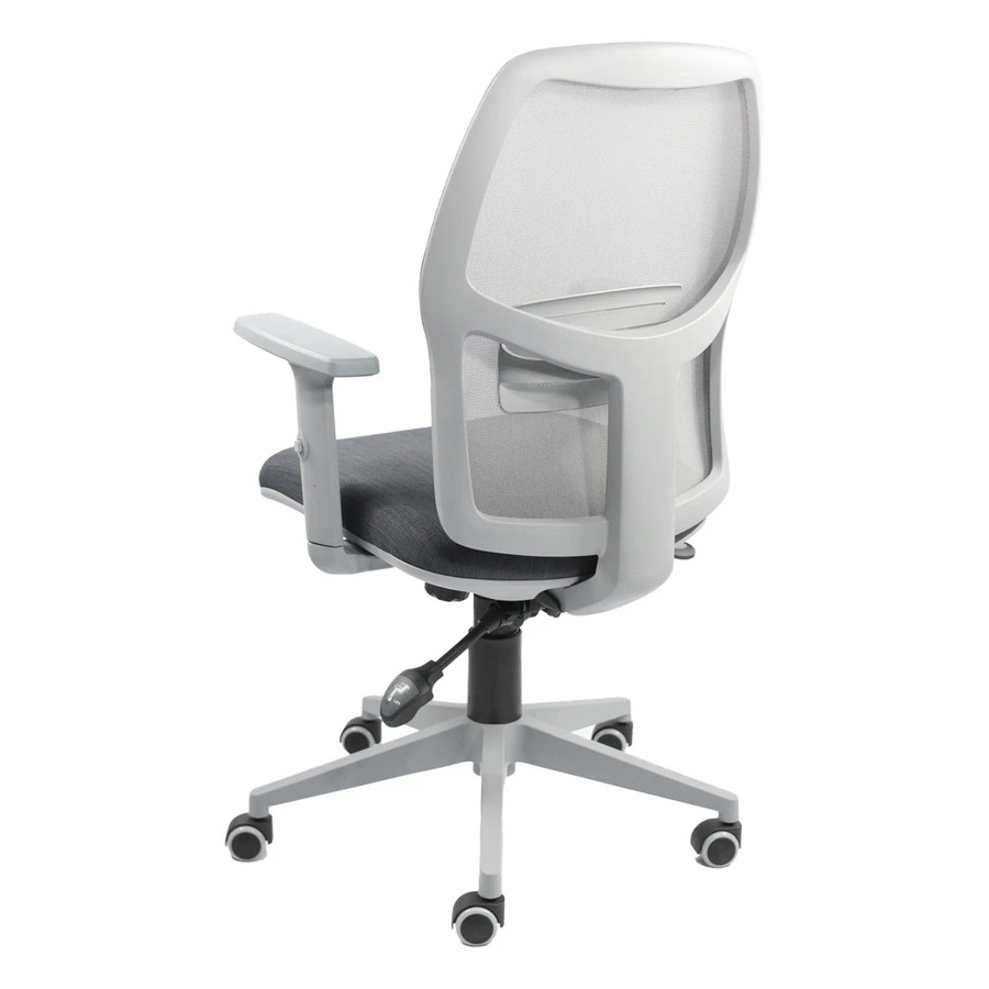 Grey Medium-back Chair by Office Stock South Africa, Airo Model, Featuring a Grey Frame, Black Seat, and Adjustable Armrest on a Five-Star Base with Wheels, Providing Ergonomic Support and Comfort.