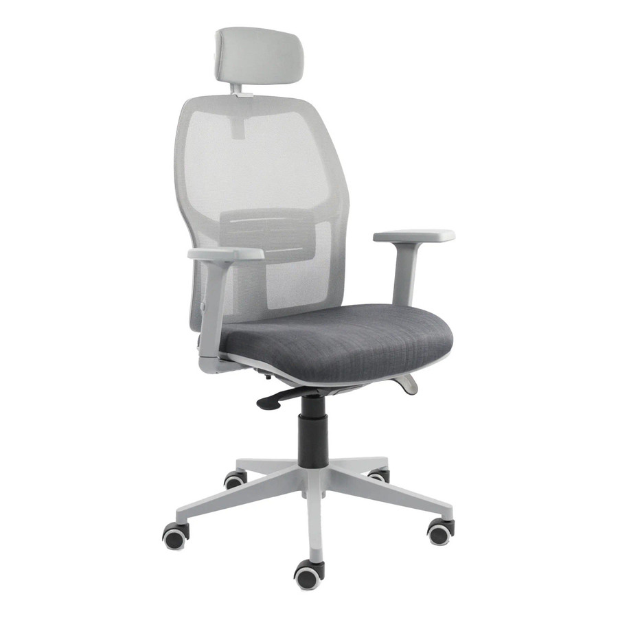 Airo Grey High-back Office Chair, ergonomic chair with a grey mesh backrest, cushioned seat, adjustable armrests, headrest, and a sturdy five-star base with wheels.