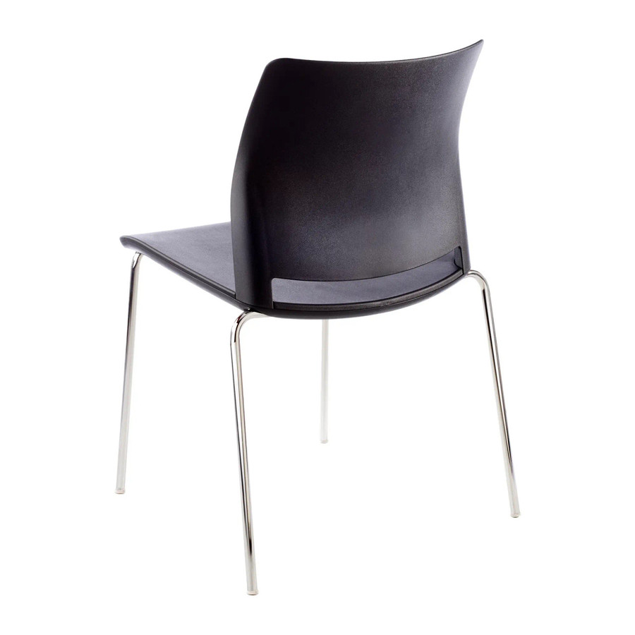 Alfa Polymer Four Legged Side Chair, black plastic seat and back with chrome metal legs.