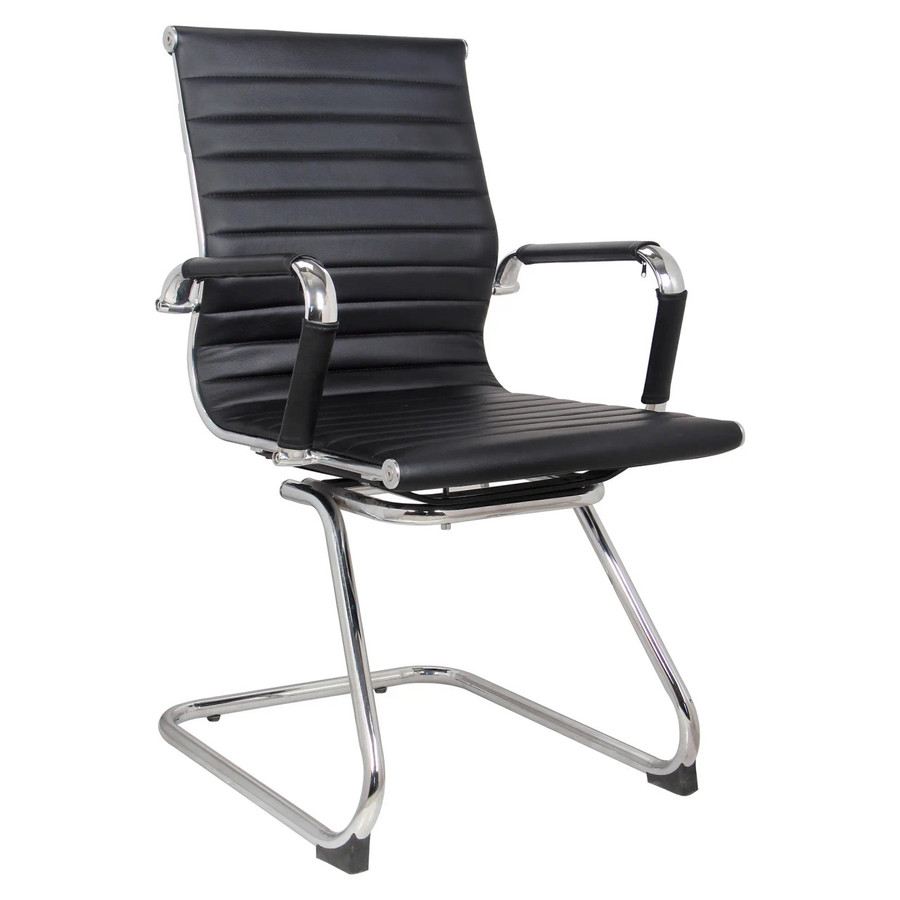Classic Eames Black High-Quality Leather Chair with Chrome Frame and Armrests, Featuring Horizontal Stitching on Seat and Backrest, Showcasing a Sleek and Modern Design, Perfect for Office Use. 67 Brand, Durable and Comfortable.