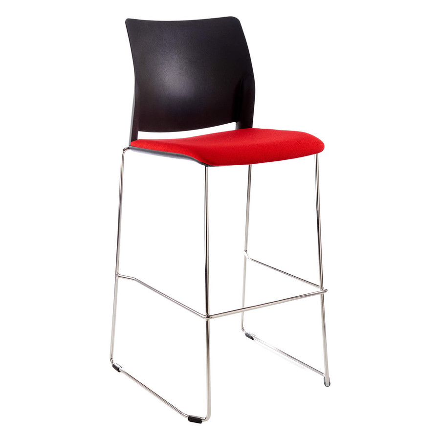 Alfa Polymer Bar Stool, modern bar stool with black plastic backrest, red cushioned seat, and sleek metal legs and footrest.