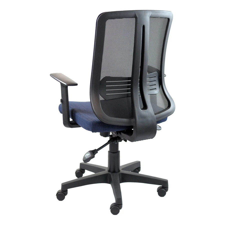 Avant Medium-back Chair | TEC-MCH-5040, ergonomic office chair with mesh backrest, blue cushioned seat, and adjustable armrests.