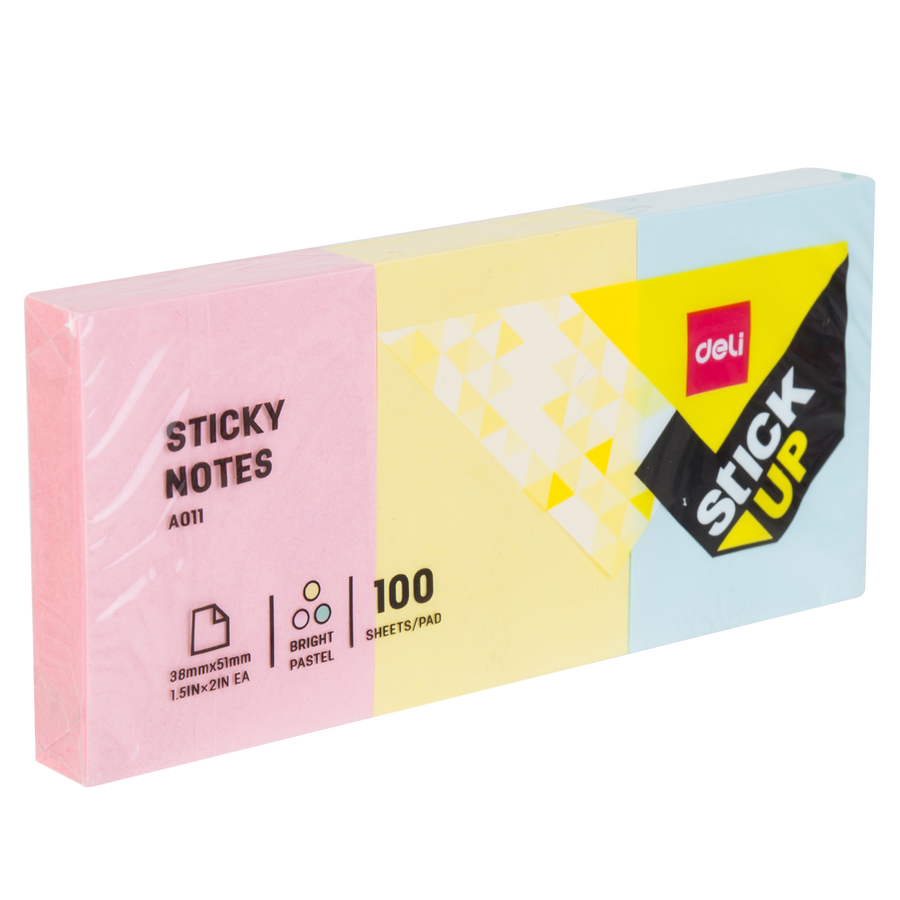 STICKY NOTES 38X50mm 100 SHEETS (3 COLOUR) PinK,YELLOW,BLUE PASTEL - EA01103