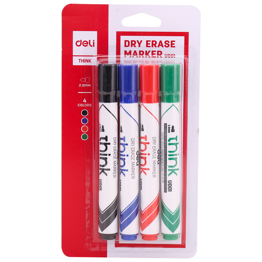 WHITEBOARD MARKER 4PCE BLISTER (BLK,BLUE,RED,GREEN) - EU00101